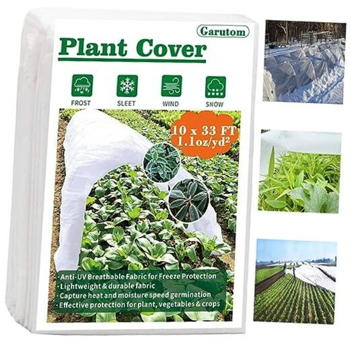 Plant cover frost cloth, 10 x 33 ft breathable 1.1 oz fabric, shown in packaging
