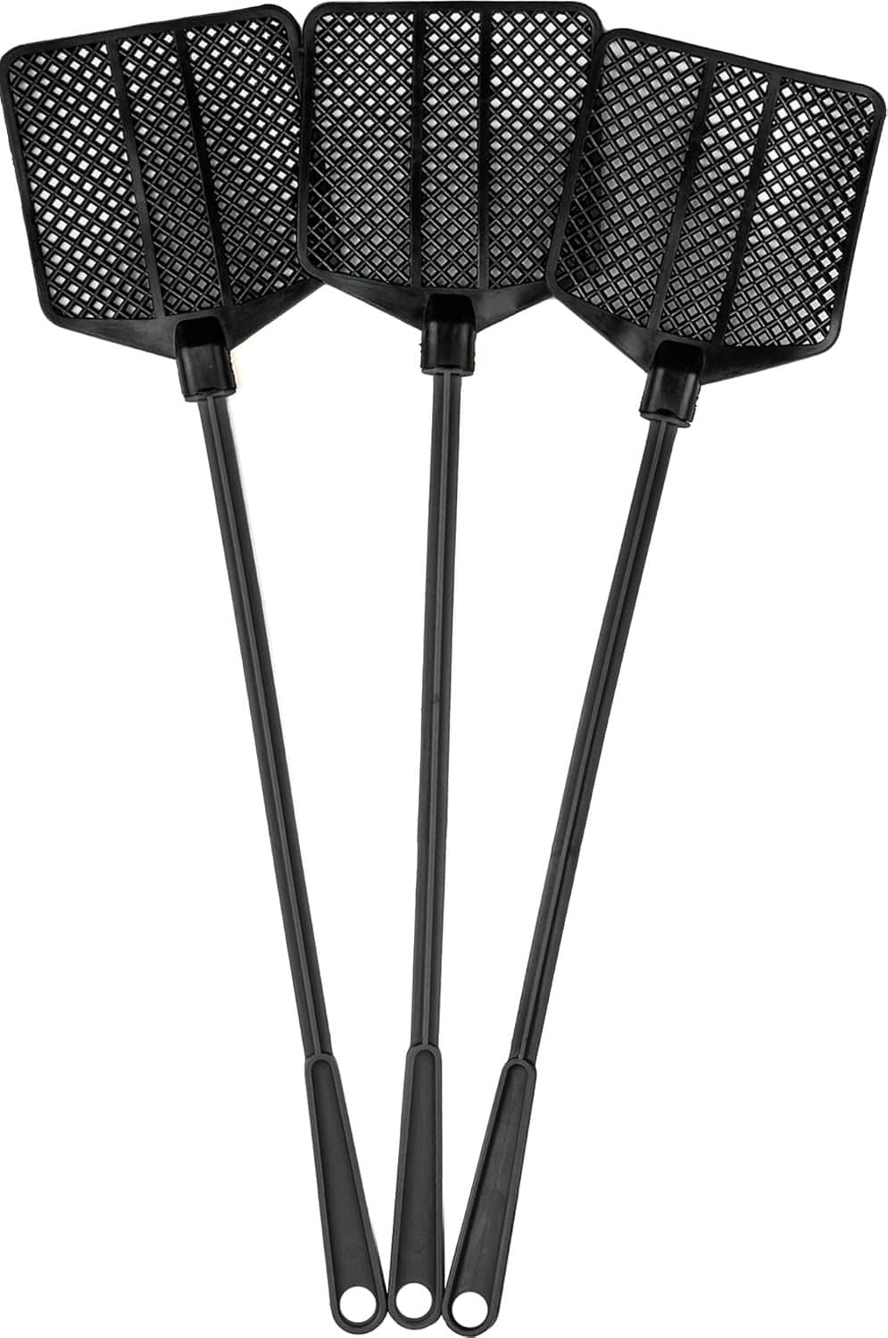 3-pack long fly swatters with black mesh racket heads and long straight handles