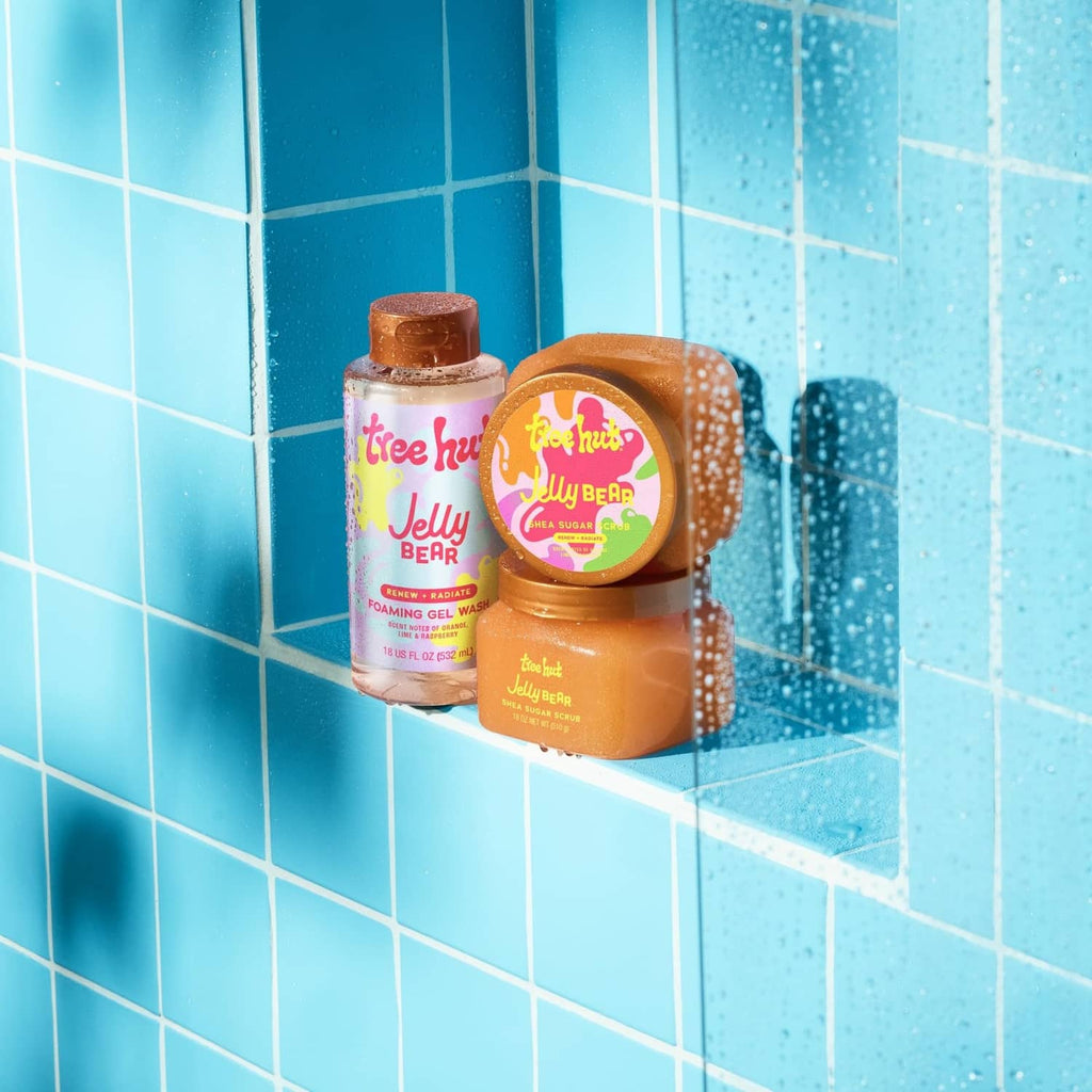 Three Tree Hut Jelly Bear body wash containers on a bathroom shelf