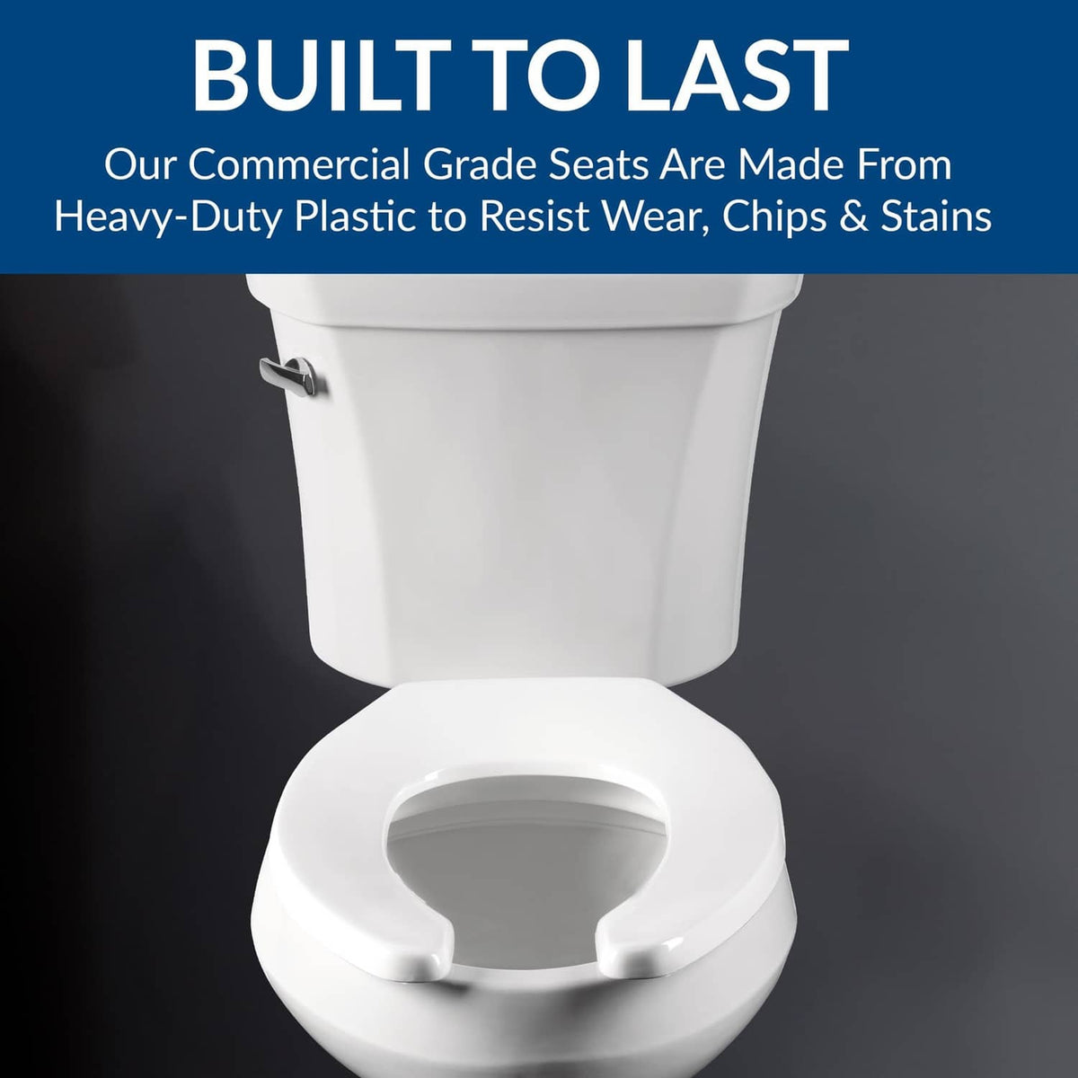 Elongated open-front plastic toilet seat base, white heavy-duty plastic