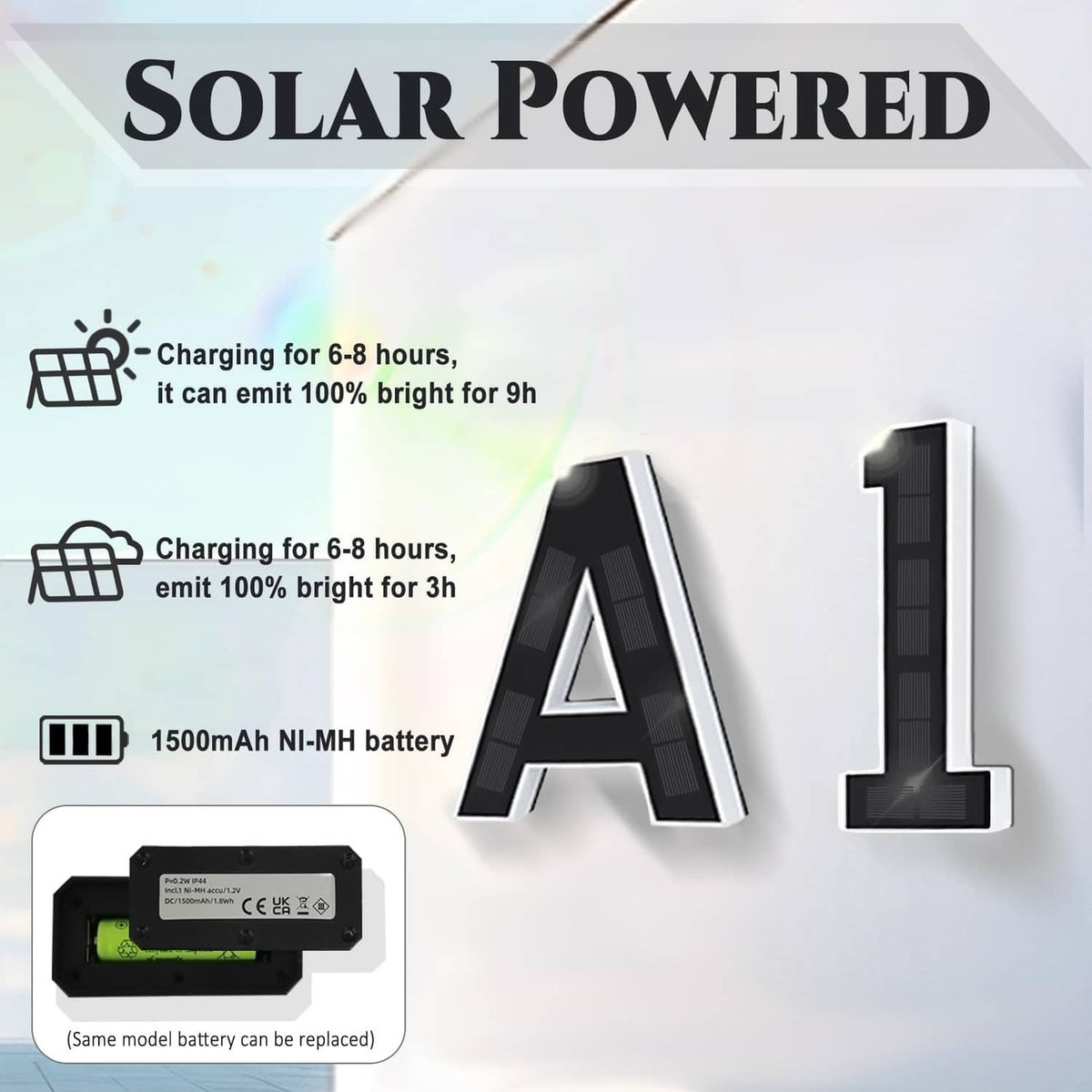 Solar powered house number lights, black digit forms with charging detail icons