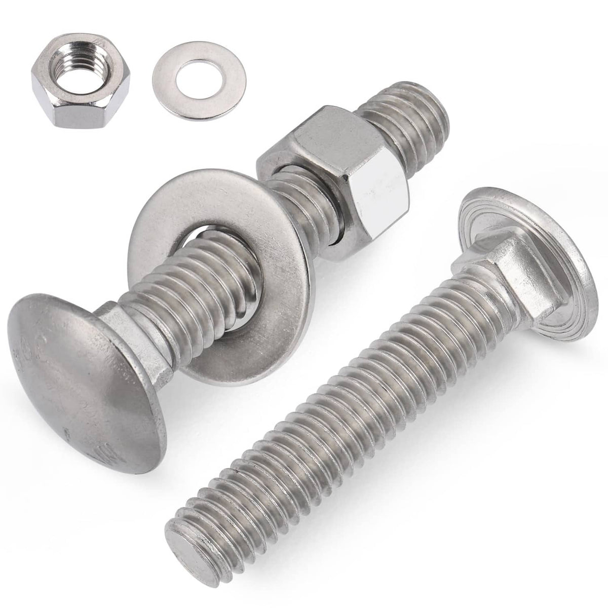 Silver carriage bolts with flat washer and hex nut set, threaded steel hardware