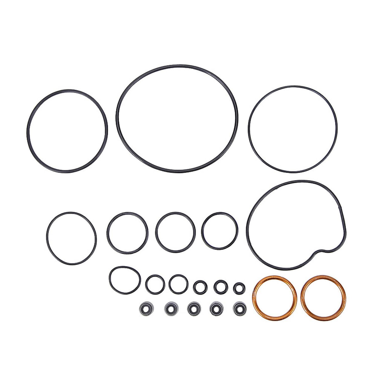 Top and bottom end gasket kit with black seals, small O-rings, and two copper rings