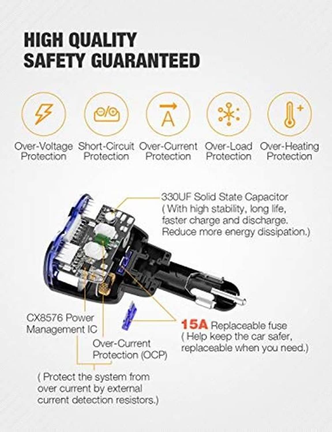 Car charger internal circuit module with capacitor and fuse near USB splitter