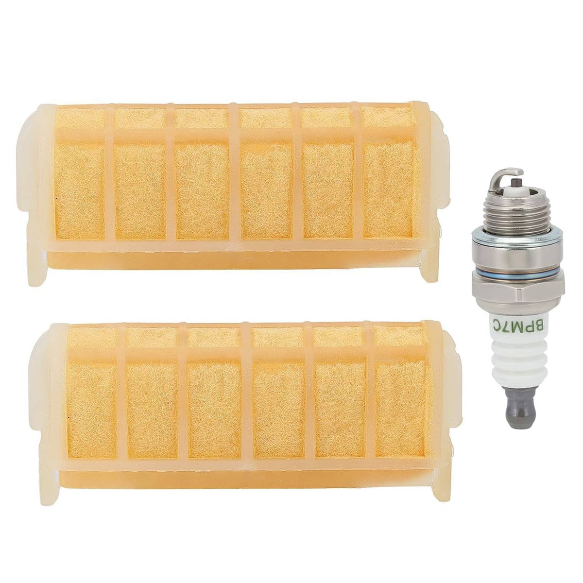 Air filter kit with two tan paper cartridges and plastic housings, plus spark plug.