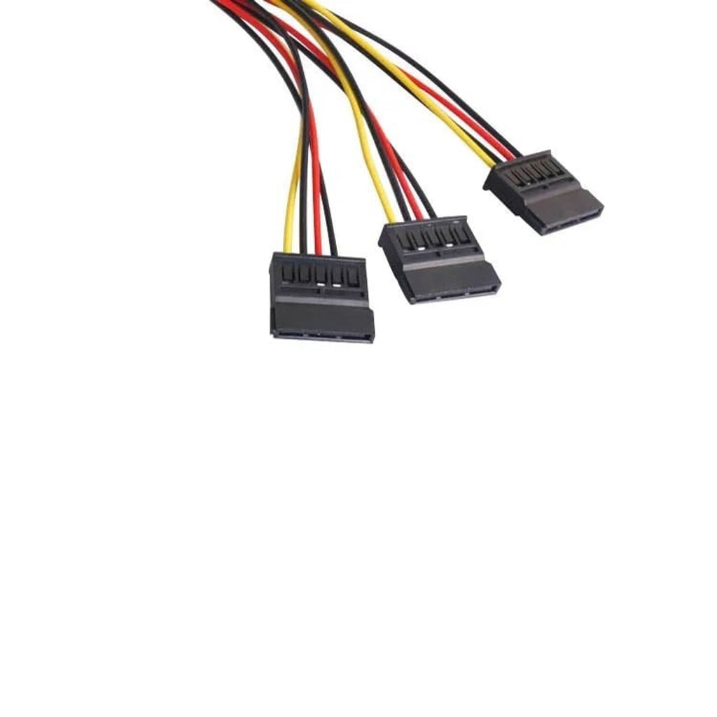 Power supply splitter cable with three black SATA connectors and multi-color wire leads