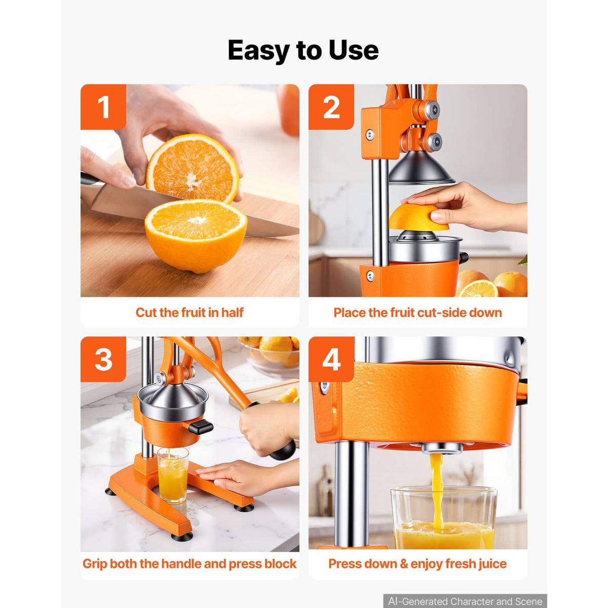 Manual citrus press juicer with orange body, black lever, and stainless cone top