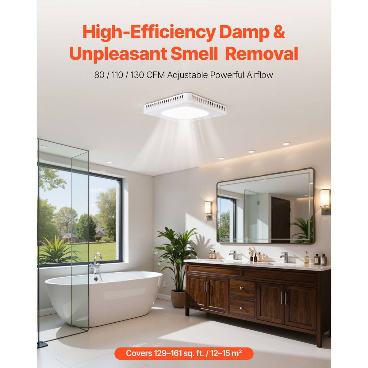 Bathroom ventilation fan installed in a bathroom ceiling with white housing and duct outlet