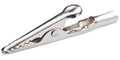 Steel alligator clip with serrated jaws and spring hinge, silver tone.