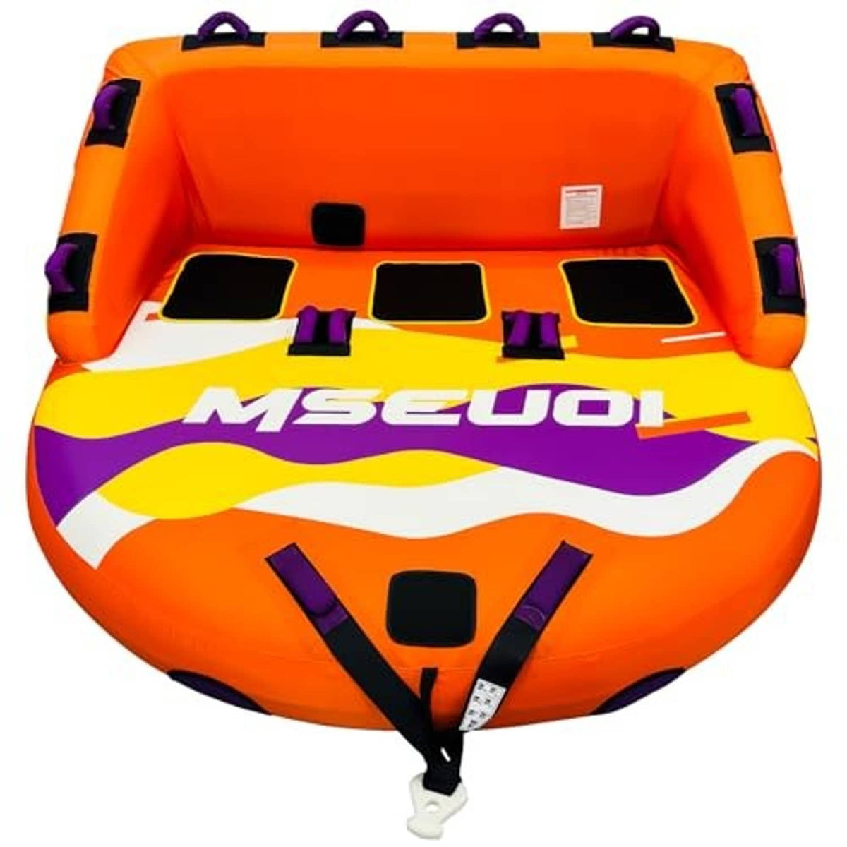 Orange, yellow, and purple inflatable towable tube with interior seat panels and handles.