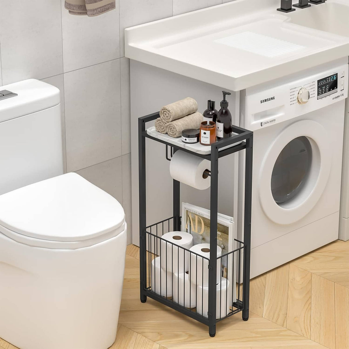Black freestanding toilet paper holder with storage shelves, tissue roll and stand