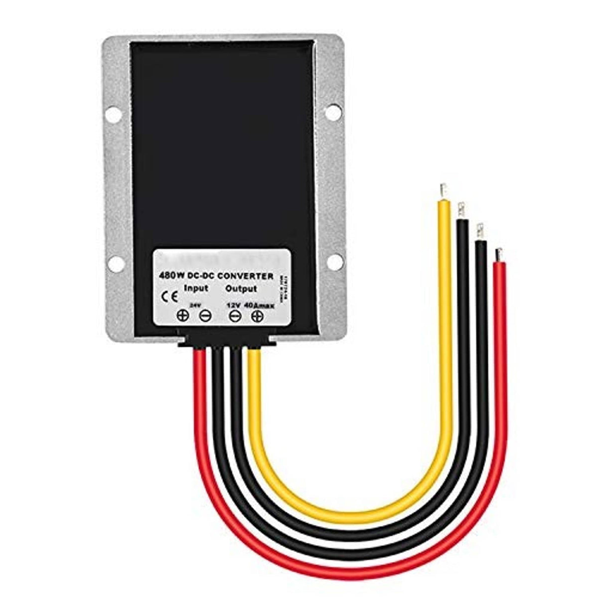 DC converter module in metal casing with terminal face and red/black/yellow wire leads