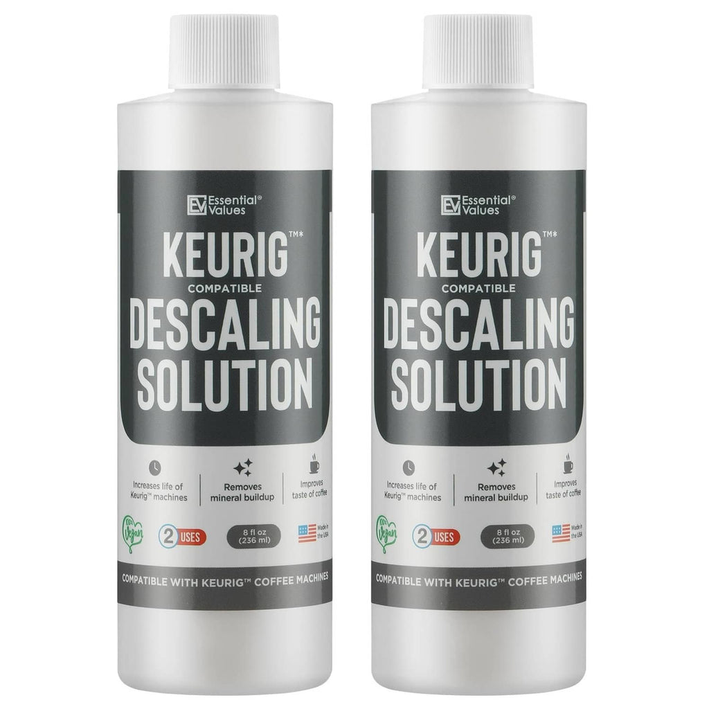Keurig-compatible descaling solution bottles, pack of 2 (8 fl oz), white caps