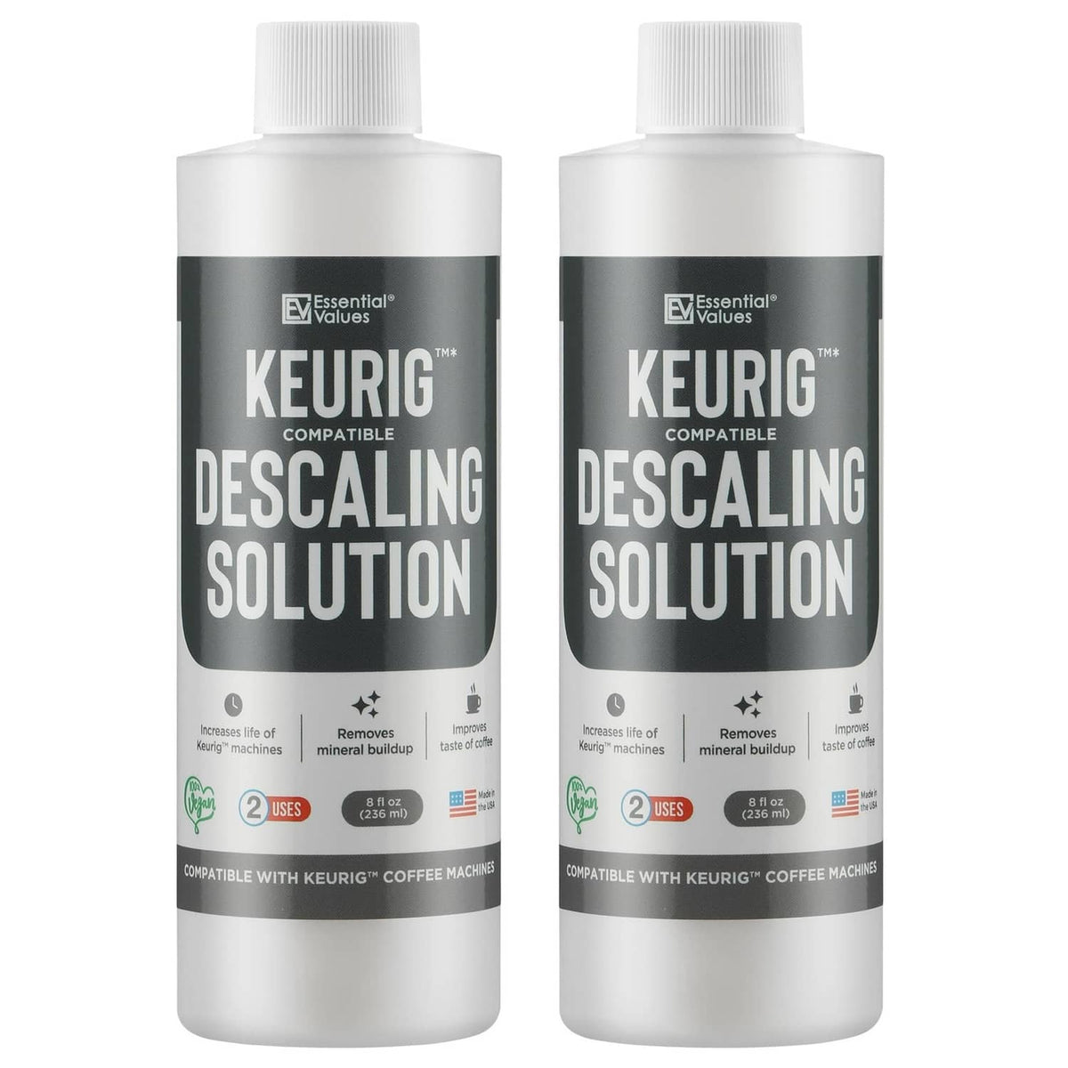 Keurig-compatible descaling solution bottles, pack of 2 (8 fl oz), white caps
