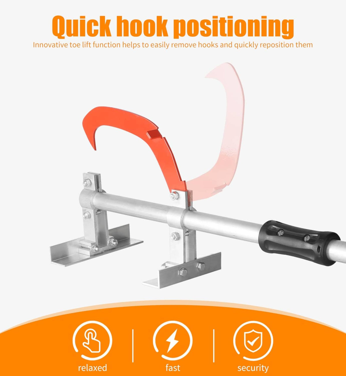 Wood log jack with red hook and black handle, showing quick repositioning brackets