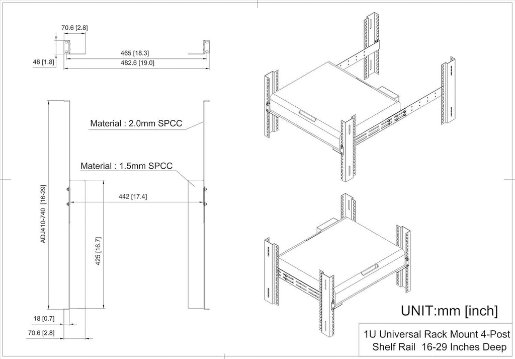 Technical diagram showing adjustable rack mount rails dimensions and unit measurements