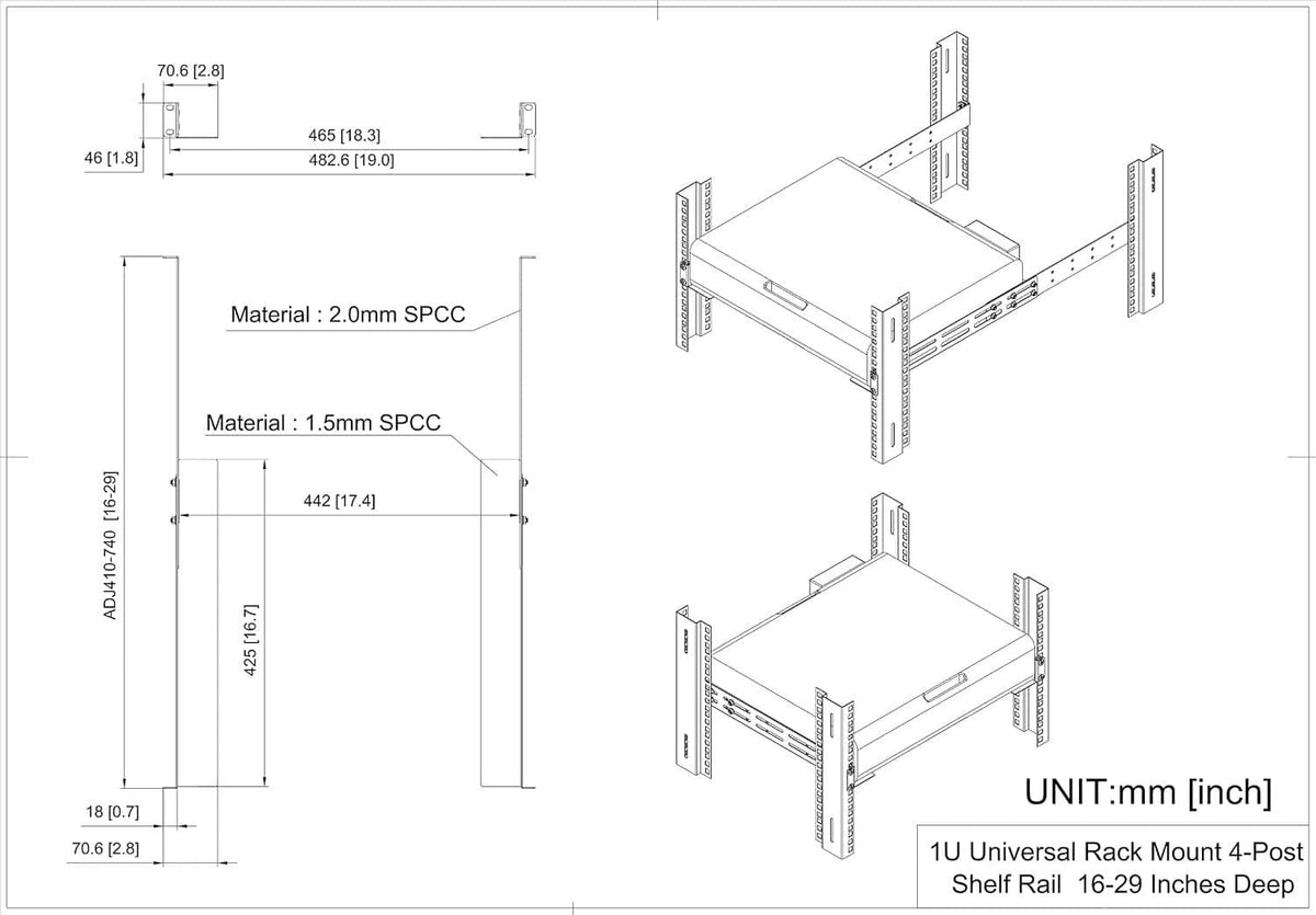 Technical diagram showing adjustable rack mount rails dimensions and unit measurements