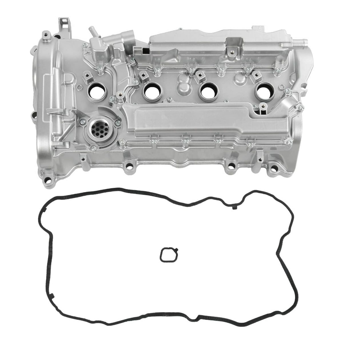 Aluminum engine valve cover with gasket and mounting hardware, silver finish
