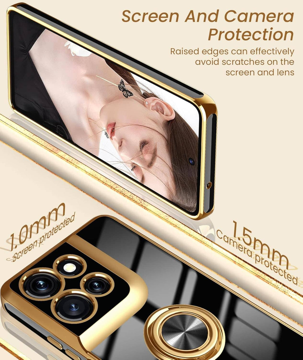 Gold phone case with raised screen and camera protection and rotating ring holder
