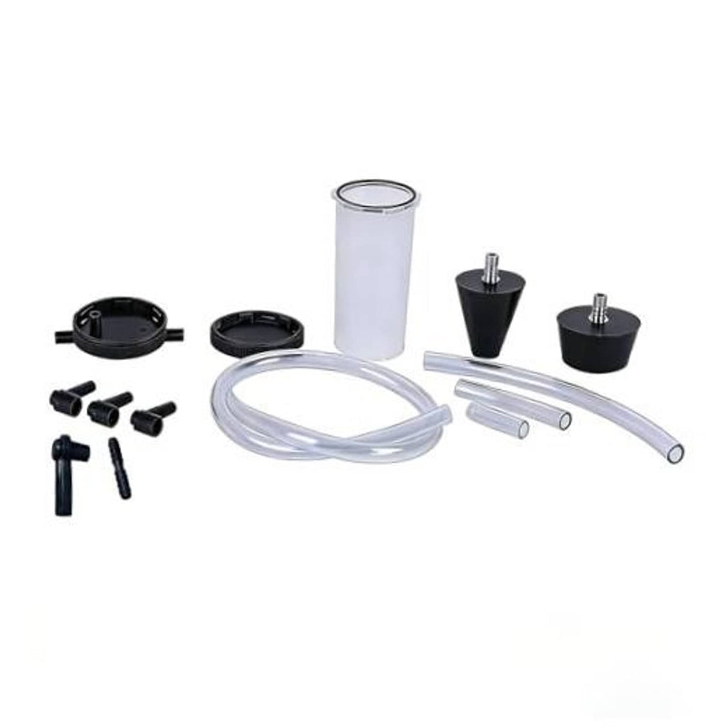 Brake bleeder adapter kit with clear tube, fluid cup, and black adapters plus fittings
