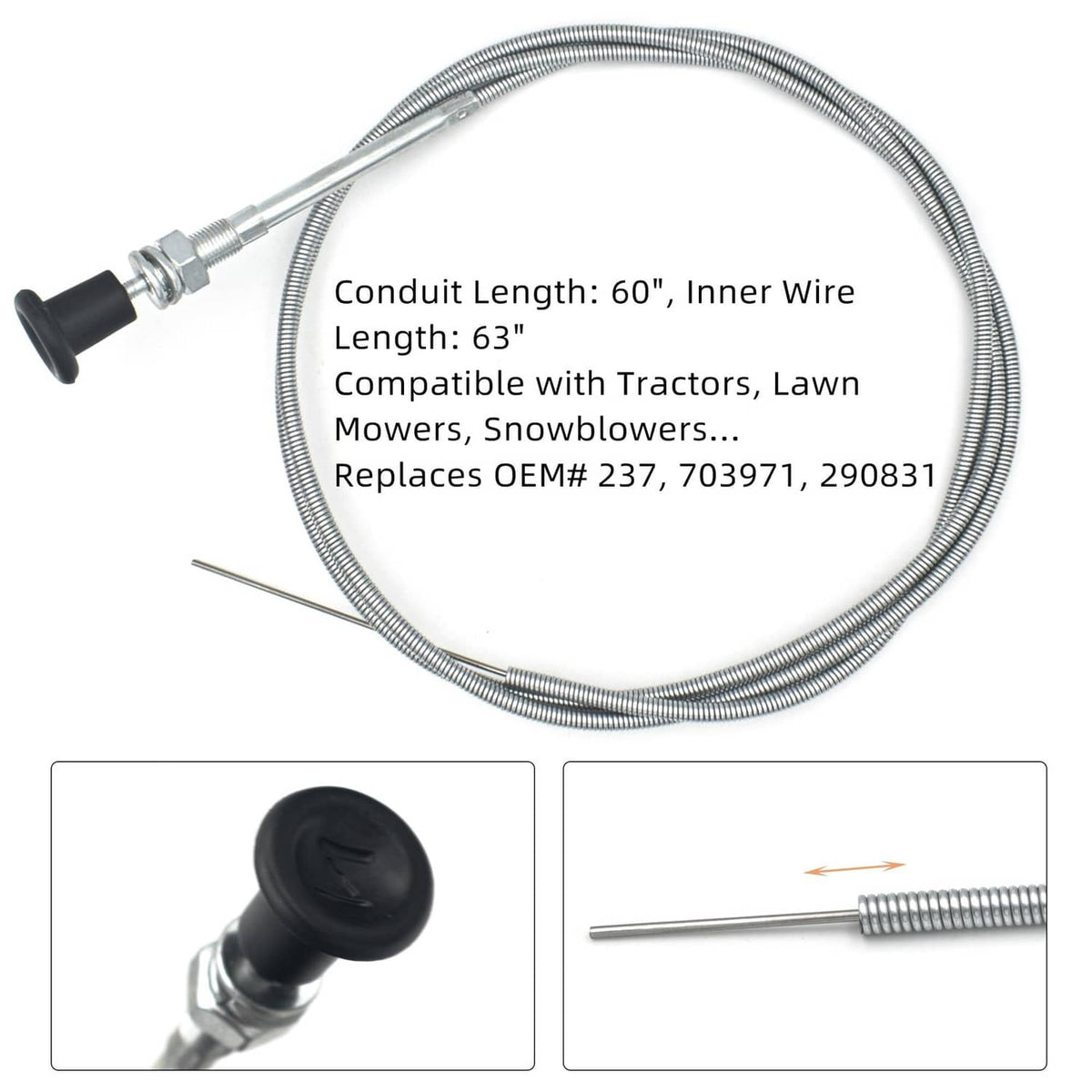 Choke control cable, 60 in conduit, 63 in inner wire; fits tractors and mowers