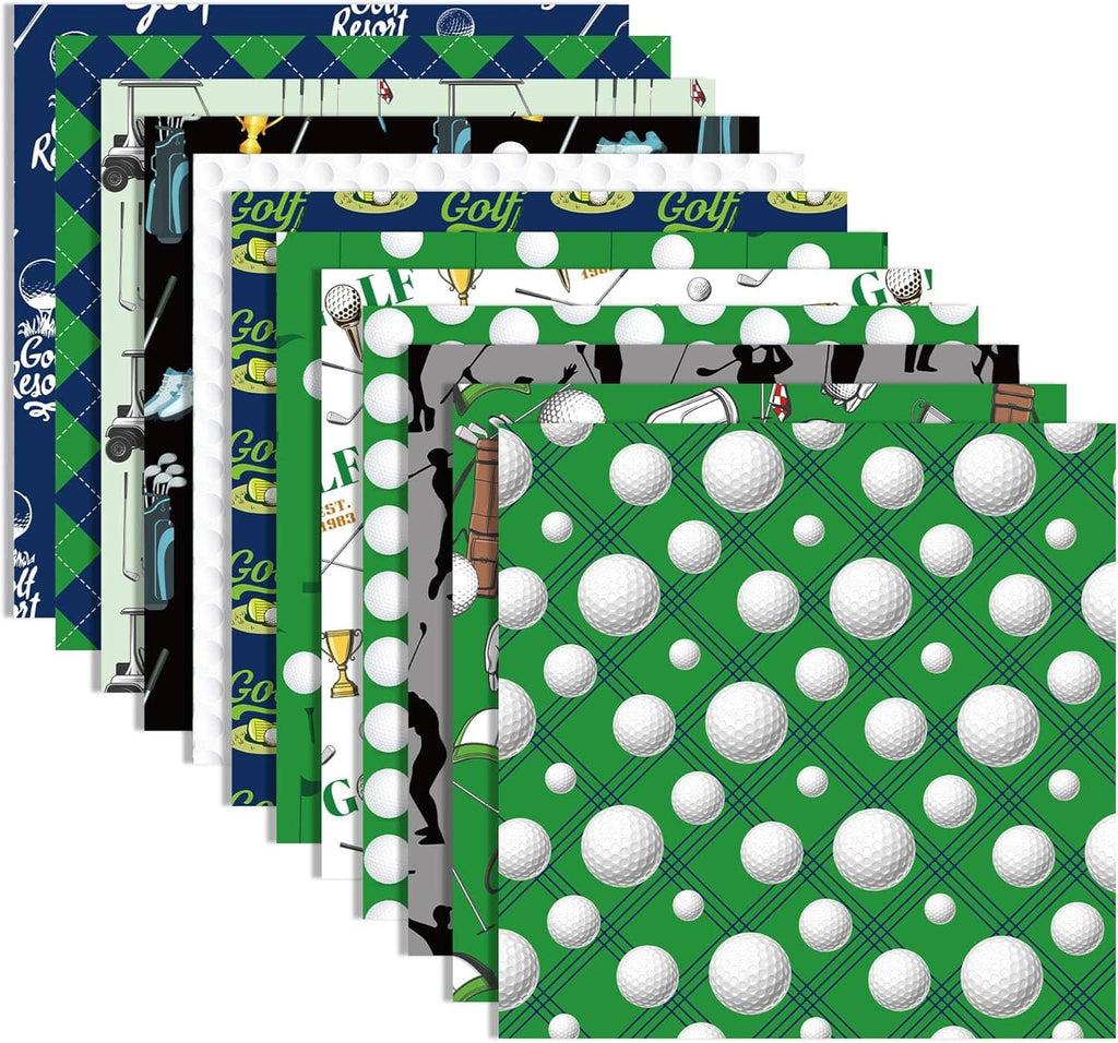 Set of golf-themed scrapbook paper sheets with green, white, and black patterns and golf balls