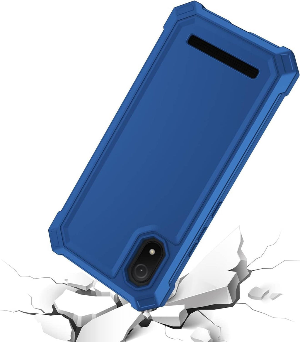 Blue rugged phone case with camera cutout, protective back panel