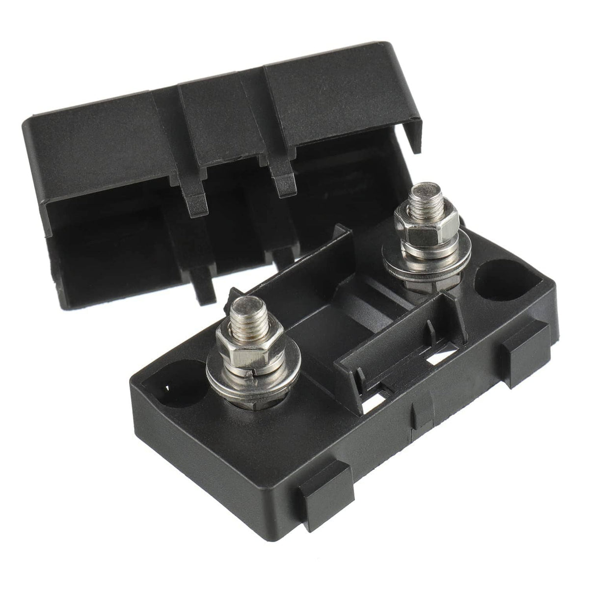 Black AMI/Midi fuse holder base with two threaded studs for bolt-on mounting