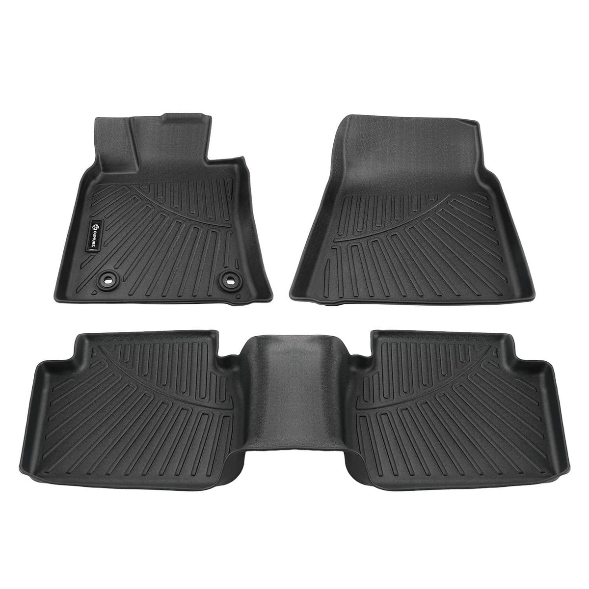 Four black all-weather floor mat liners with raised edges and anti-slip texture
