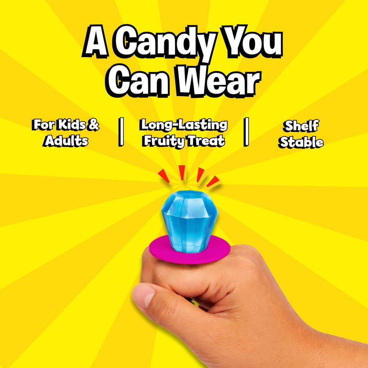 Hand holding a blue Ring Pop lollipop with a faceted candy top