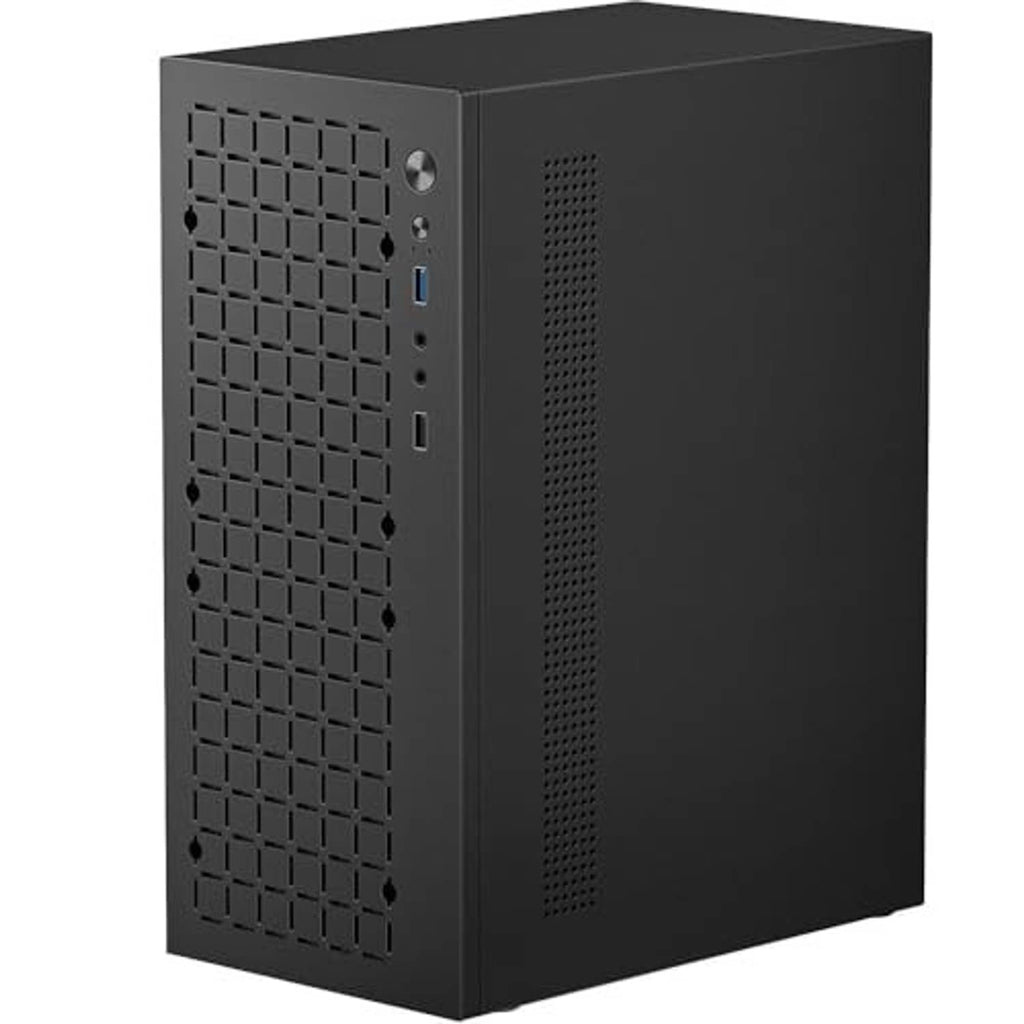 Black mini PC case front/side view with vented panel and front I/O ports