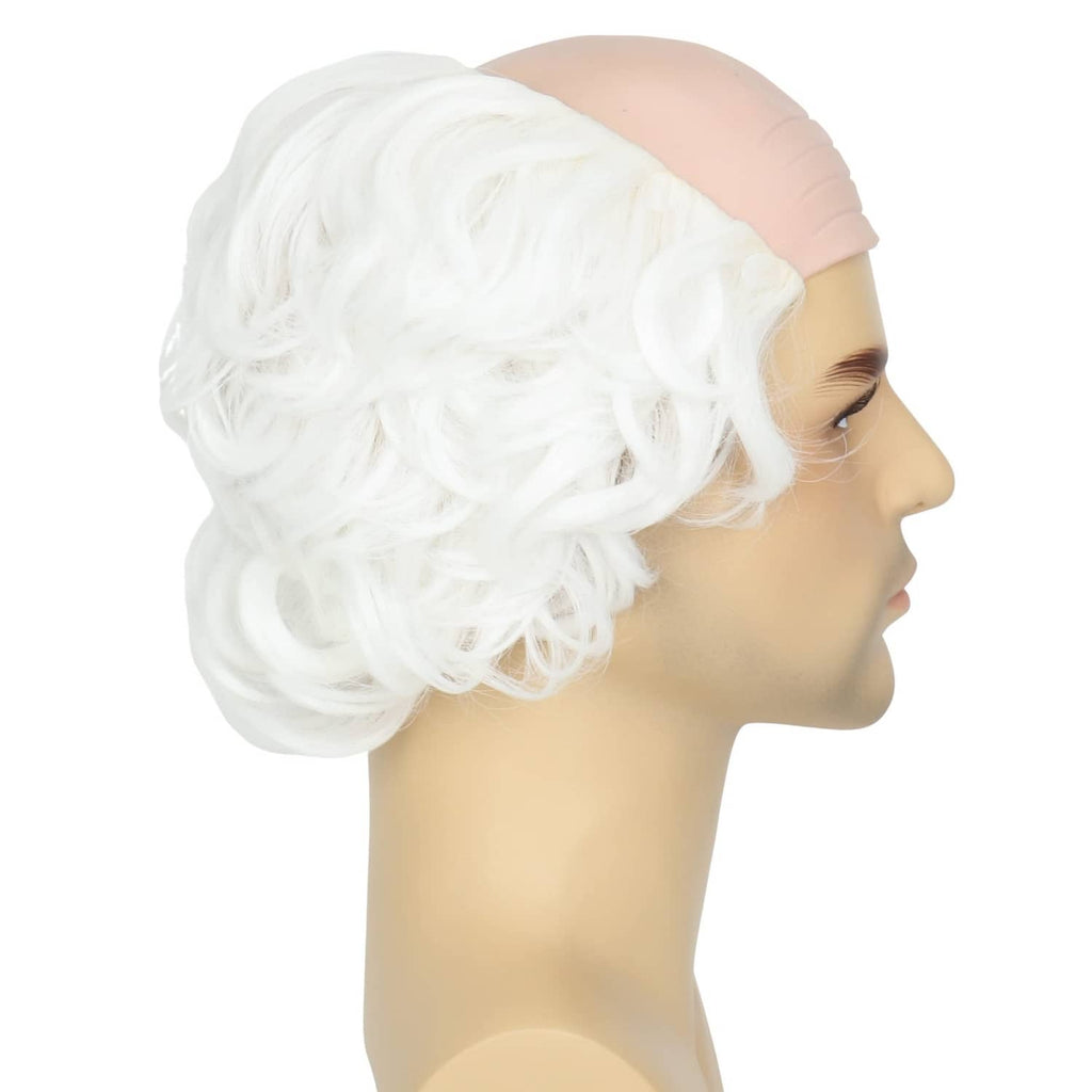 White curly wig with light flesh-toned bald cap, side profile view