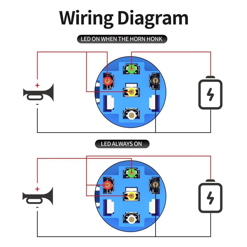 Horn button switch wiring diagram with LED-on and horn-honk terminal connections