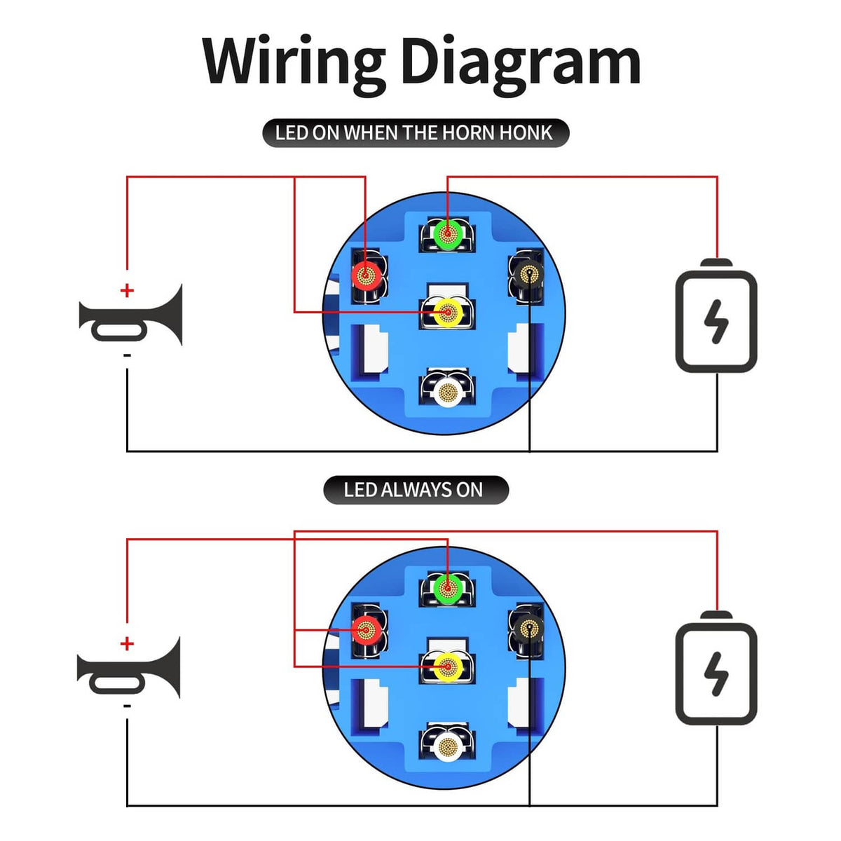 Horn button switch wiring diagram with LED-on and horn-honk terminal connections