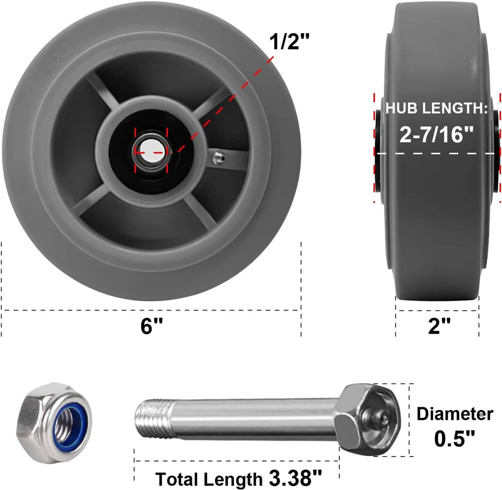 Gray caster wheel with 1/2 in axle bore and steel mounting axle hardware