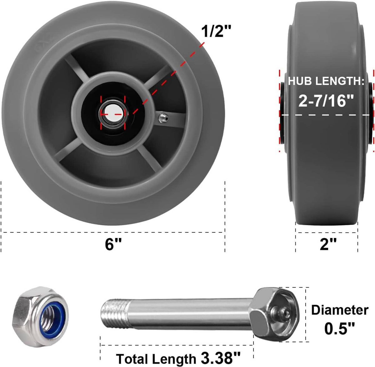Gray caster wheel with 1/2 in axle bore and steel mounting axle hardware