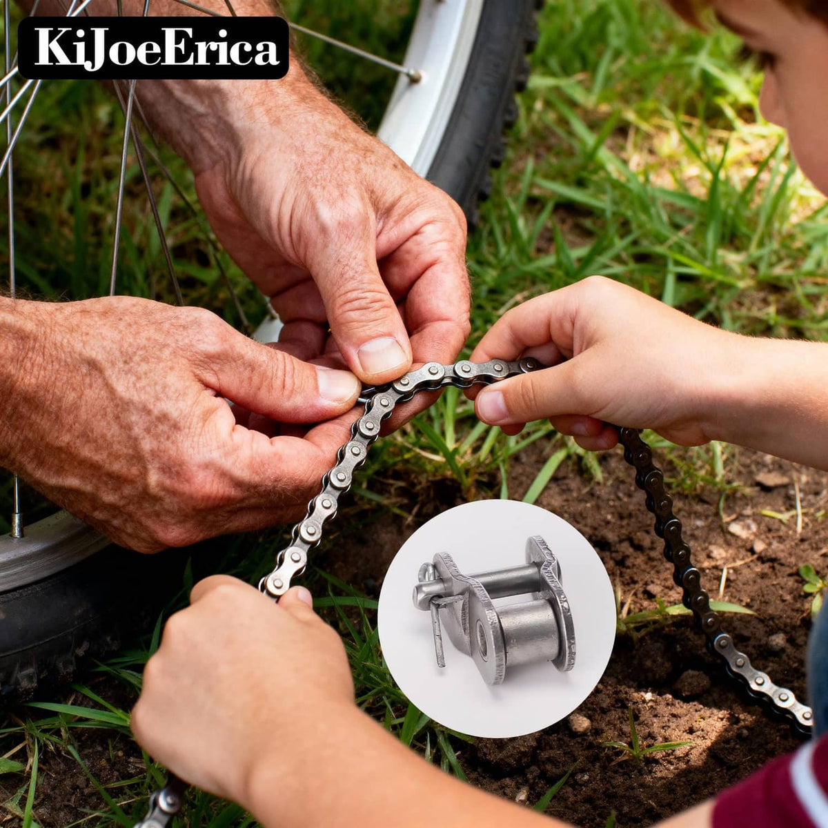 Roller chain master link half pieces held in hands, steel roller connector