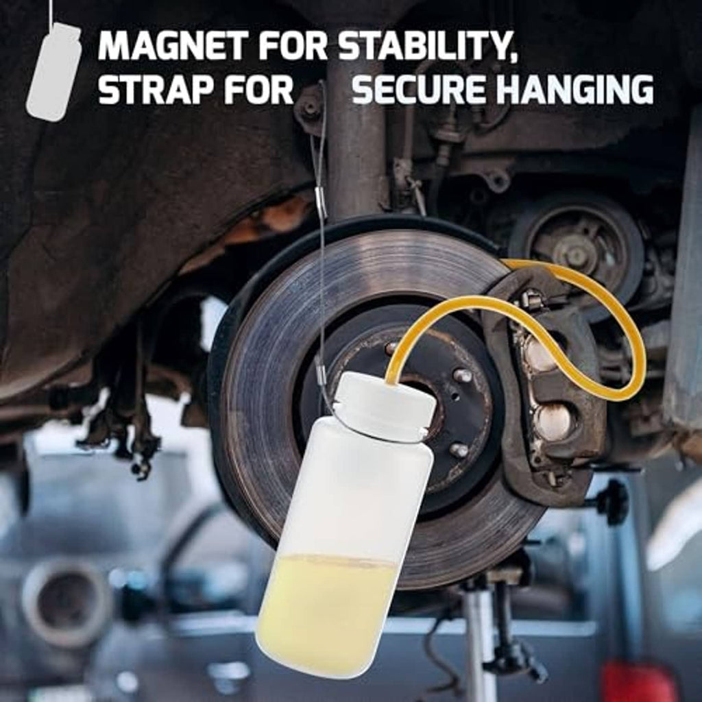 Brake bleeder bottle kit with magnet-stabilized white reservoir and strap for hanging