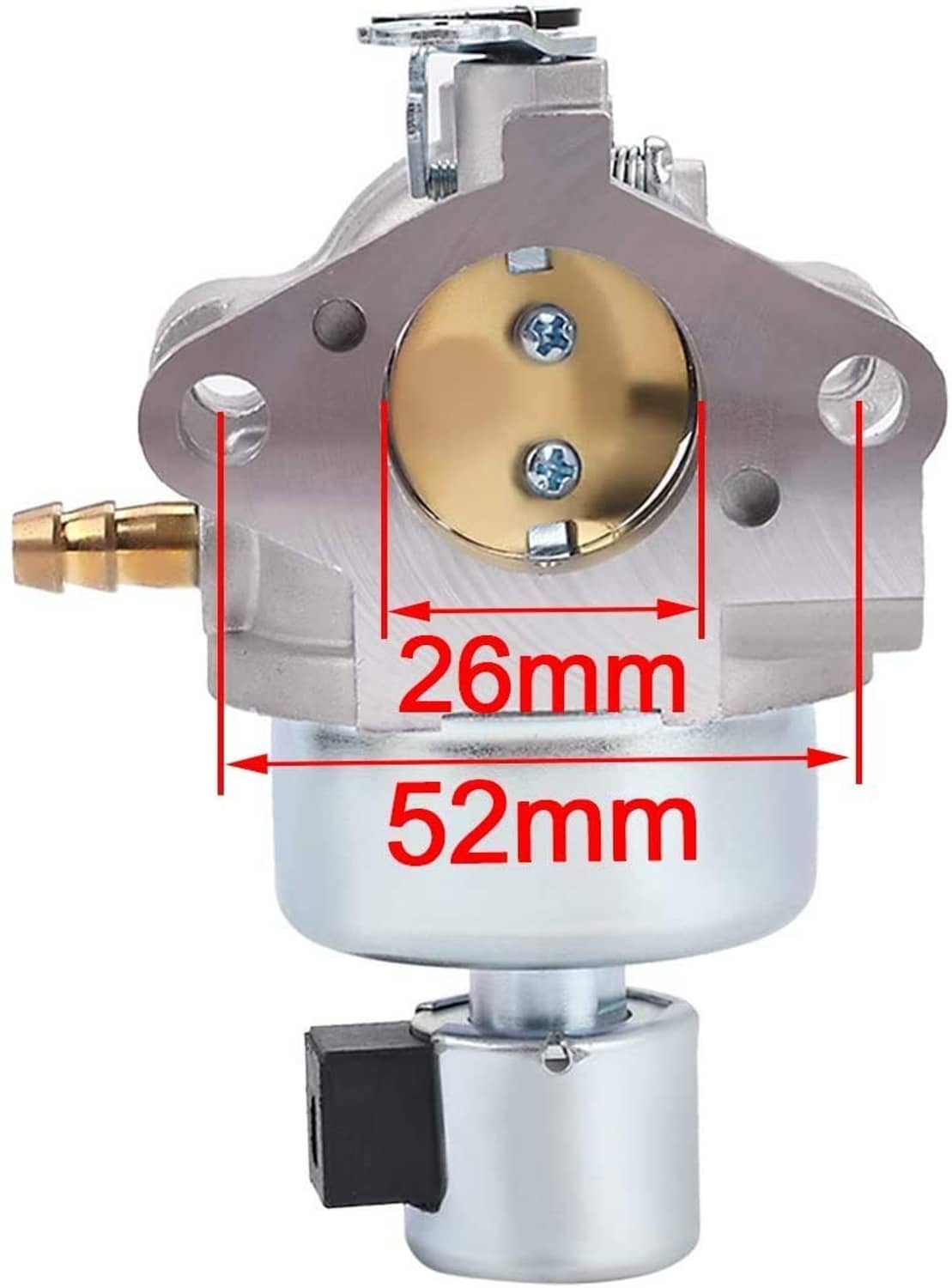 Carburetor with 52mm and 26mm width markings, circular throttle plate and fuel inlet