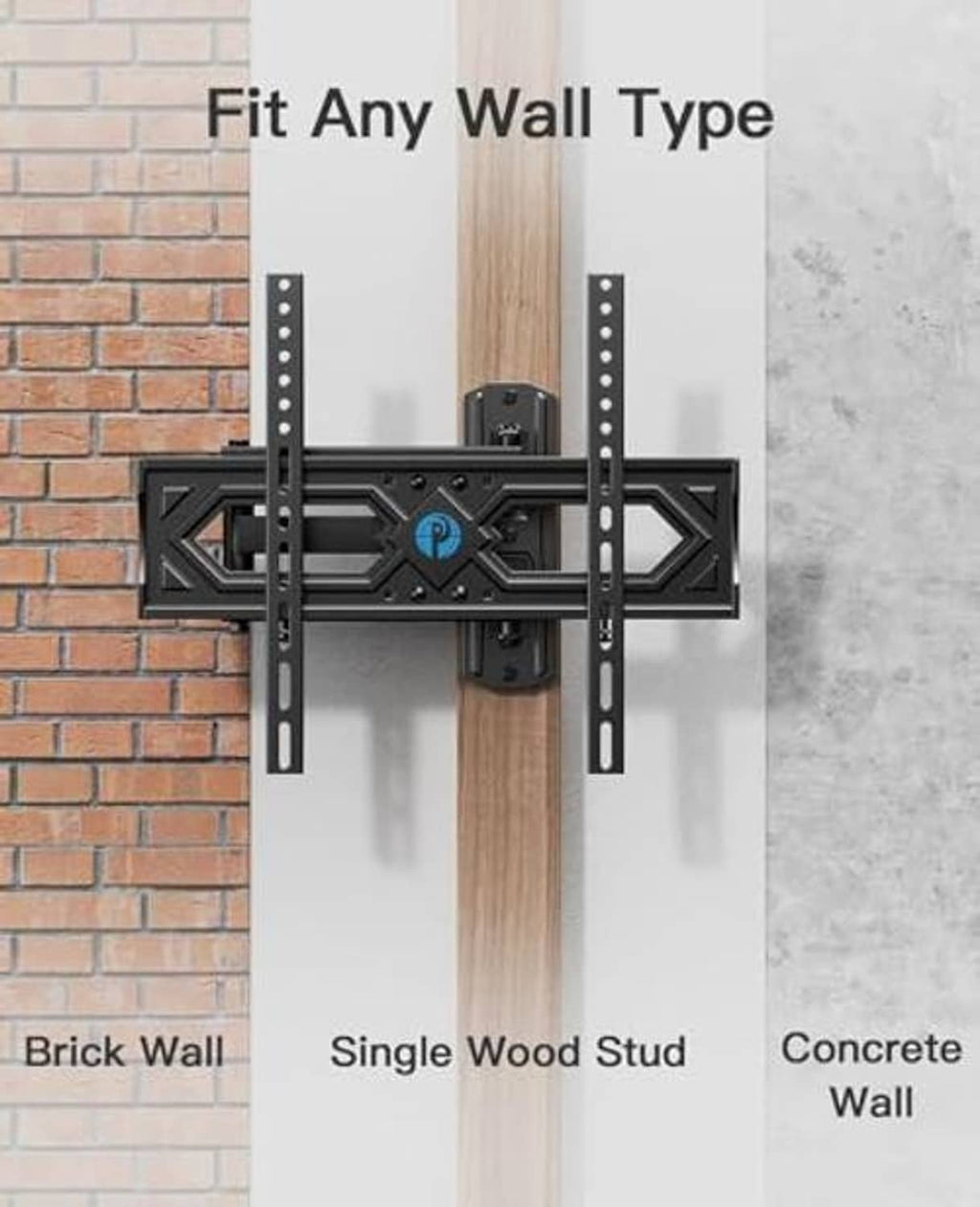 Full motion TV wall mount bracket with side mounting plates for stud or wall