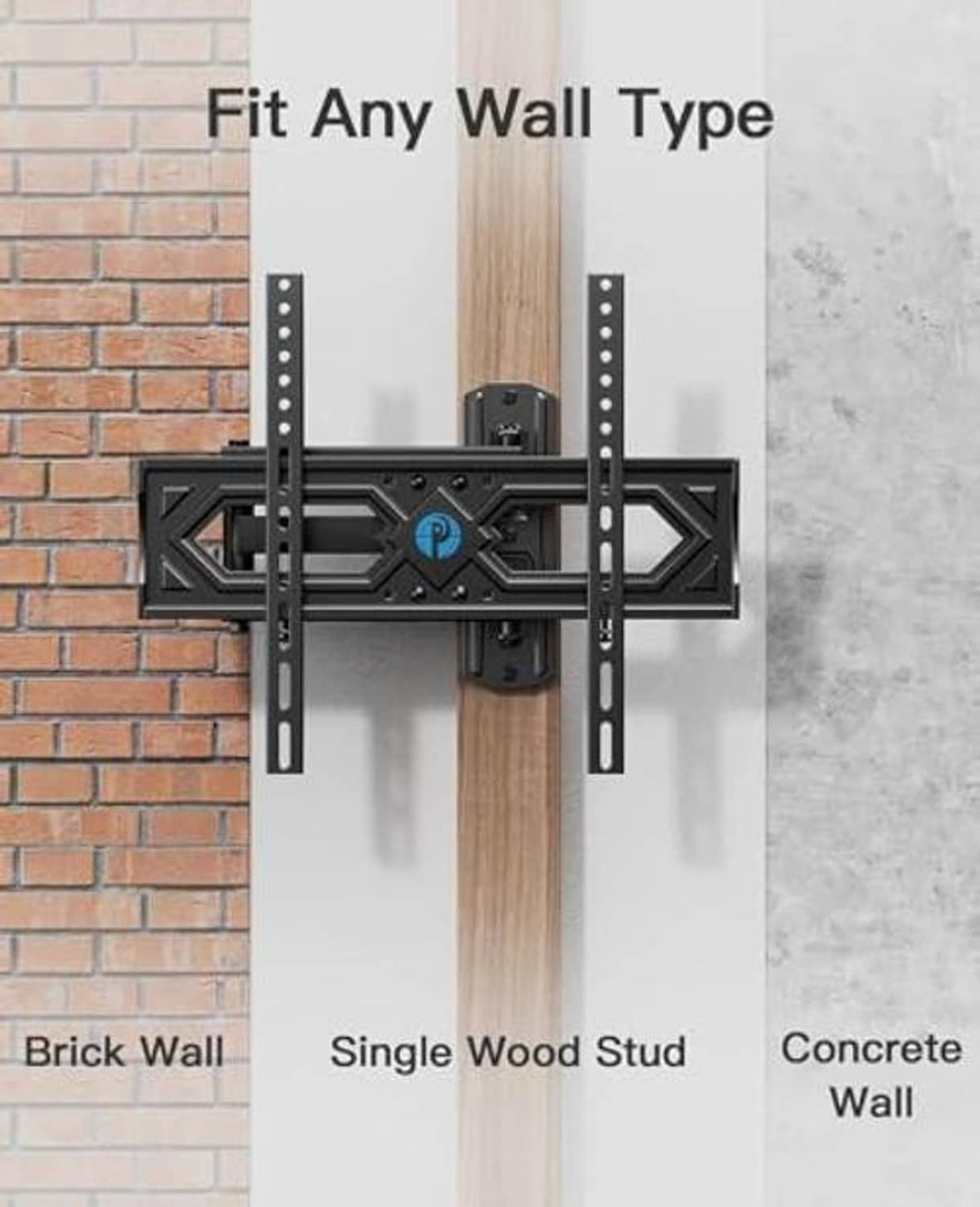 Full motion TV wall mount bracket with side mounting plates for stud or wall