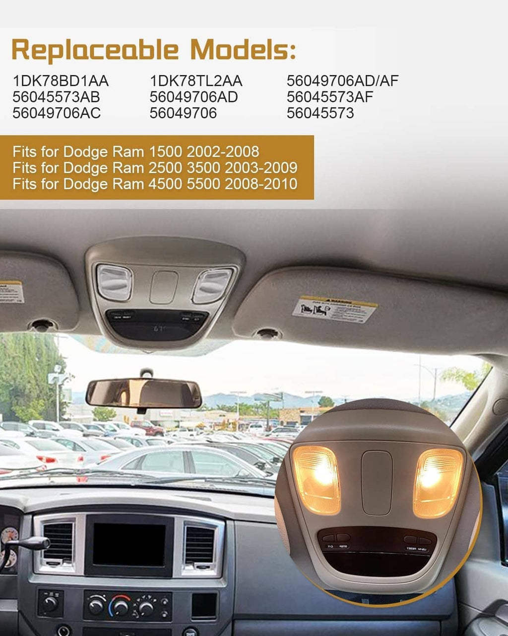 Overhead map light console with amber LED lenses installed in a vehicle ceiling