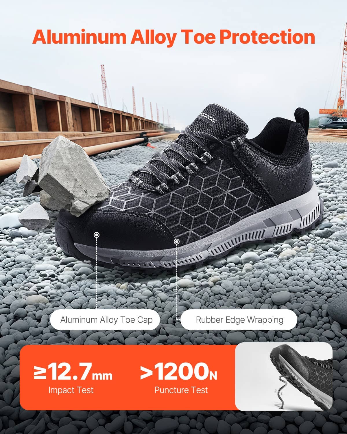 Black lace-up work sneakers with geometric uppers and chunky rubber tread sole