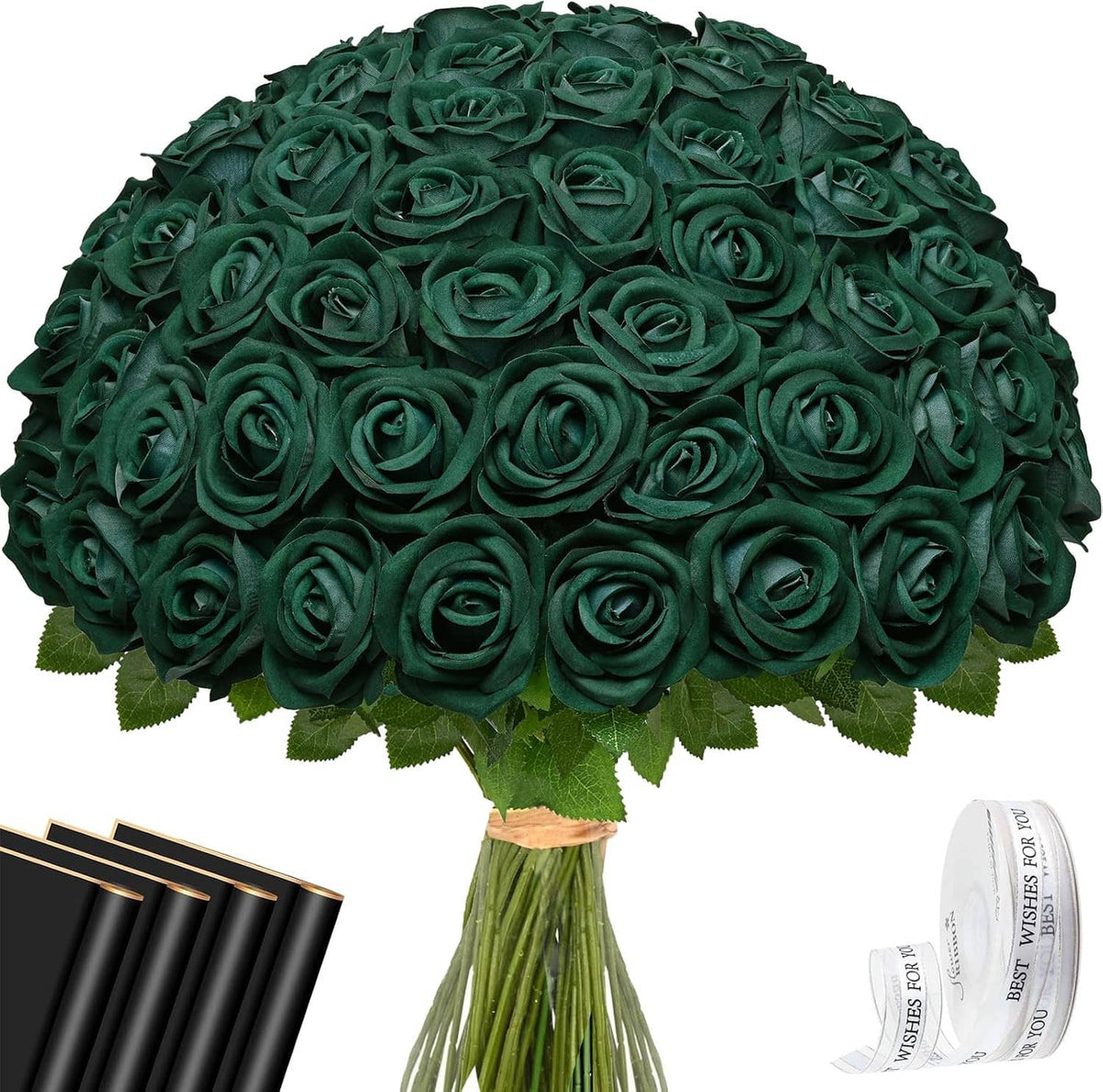 Dark green artificial rose bouquet with dense rosette heads and green stems in bundle