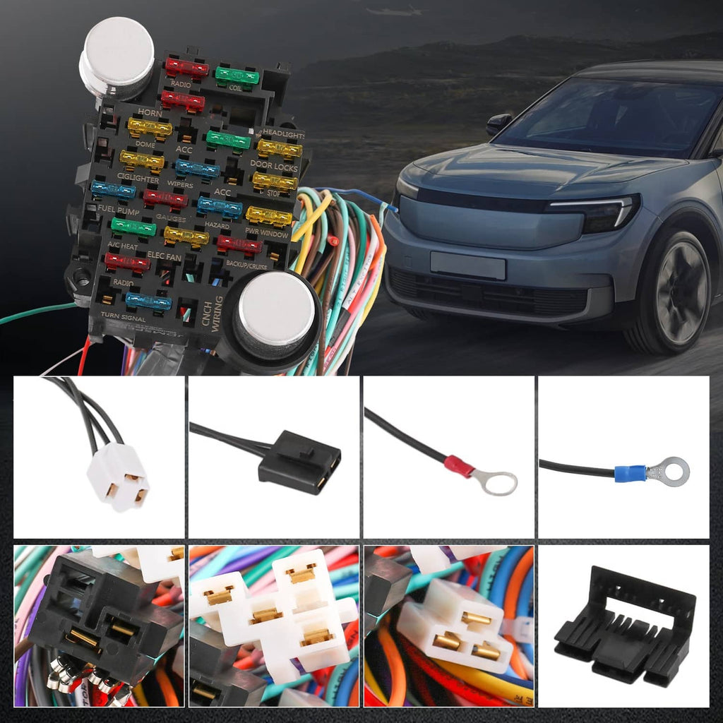 21-circuit wiring harness module with multi-color wires, fuse blocks, and two round buttons