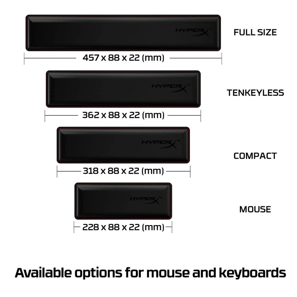 HyperX wrist rest size chart: full, tenkeyless, compact, and mouse options