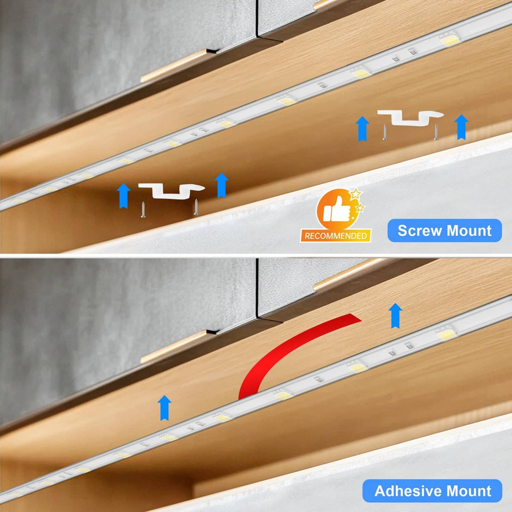 Under-cabinet LED strip light with screw-mount and adhesive-mount installation guidance