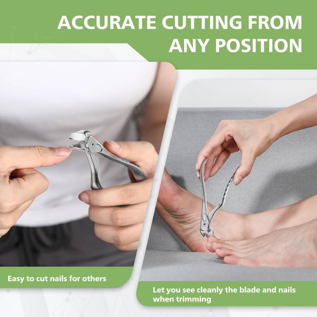 Long-handled toenail clipper trimming nails from different angles near the foot
