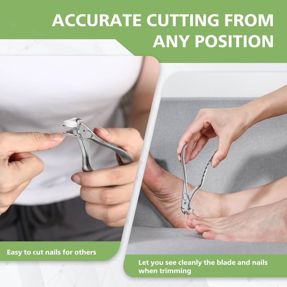 Long-handled toenail clipper trimming nails from different angles near the foot