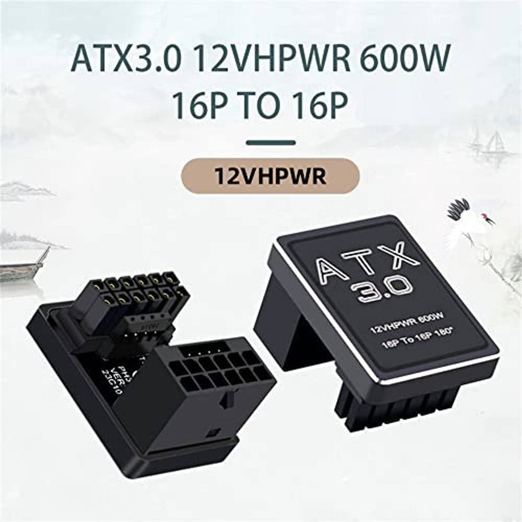Black ATX 3.0 12VHPWR 600W 16P to 16P adapter with dual connector housing